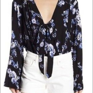 Intimately Free People Black Blue Floral Long Sleeve Bodysuit Women Small
